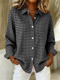 Women's Long Sleeve Shirt Spring/Fall Gray Houndstooth Buckle Shirt Collar Regular Sleeve Daily Going Out Casual Top