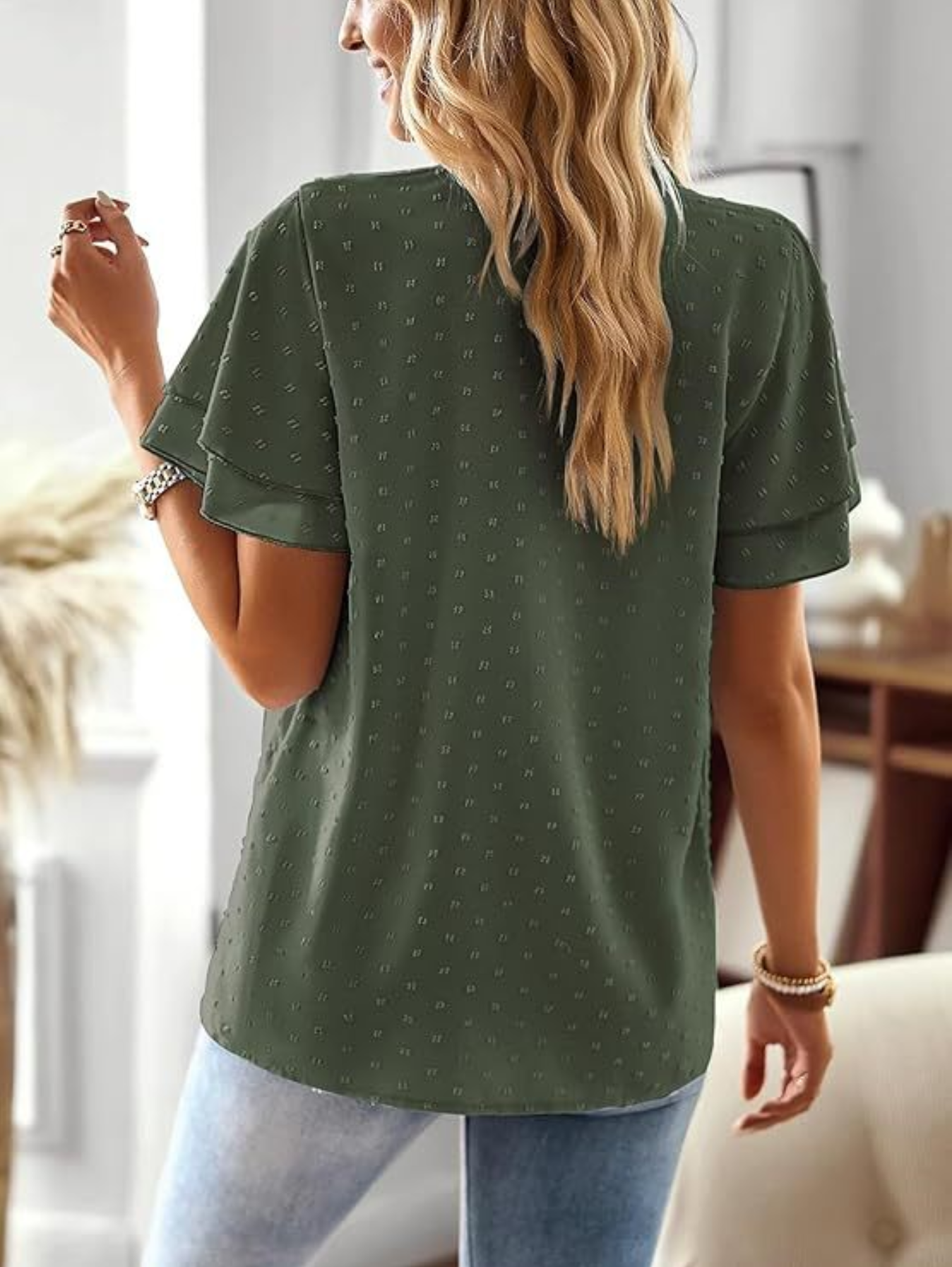 Loose V Neck Ruffle Short Sleeve Lace Elegant Blouse