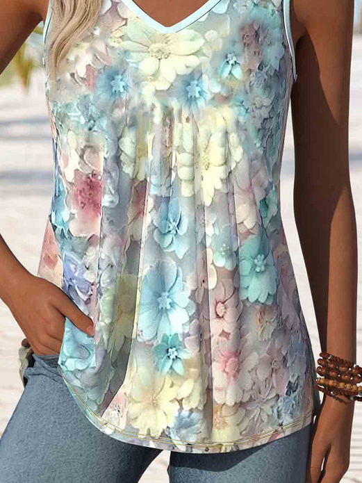 Floral V Neck Loose Casual T-Shirt