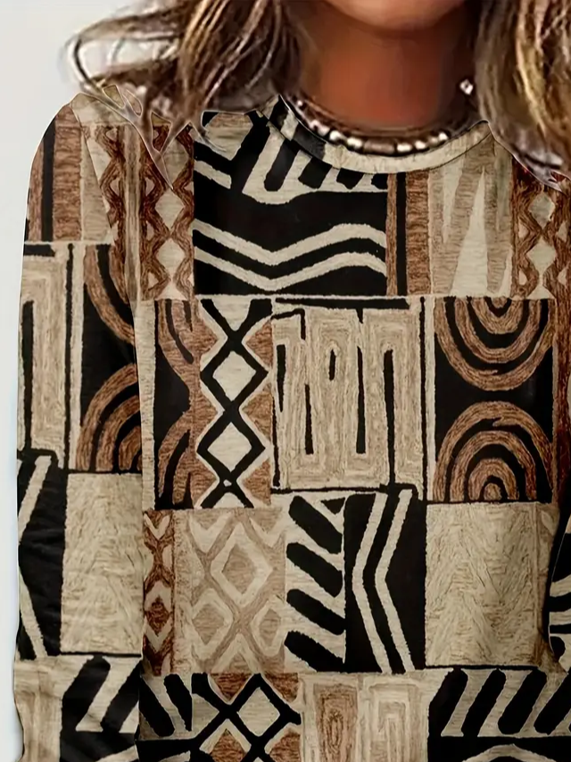 Women's Long Sleeve T-shirt Spring/Fall Brown Abstract Printing Jersey Crew Neck Daily Going Out Casual Top