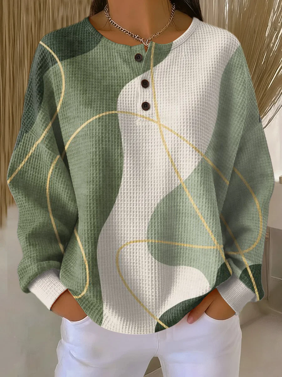 Women's Abstract Print Button-Up Casual Waffle Knit Sweatshirt