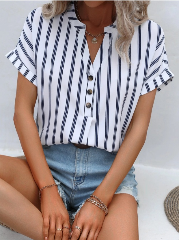 Striped V Neck Short Sleeve Button Casual Going Out Shirt