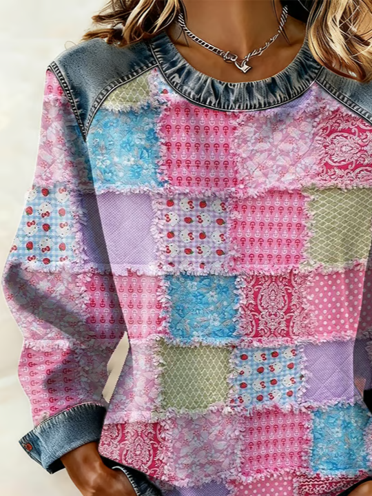 Women's Abstract Stripes Print Patchwork Denim Crewneck Long-Sleeved Sweatshirt