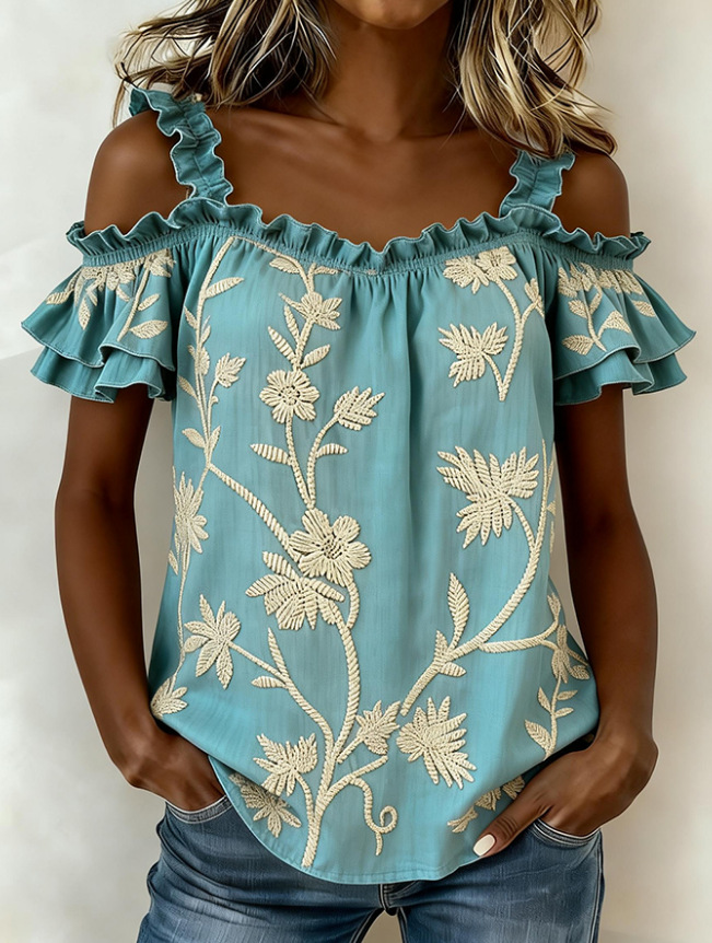 Loose Shoulder Strap Ruffle Short Sleeve Floral Off The Shoulder Summer Casual Top
