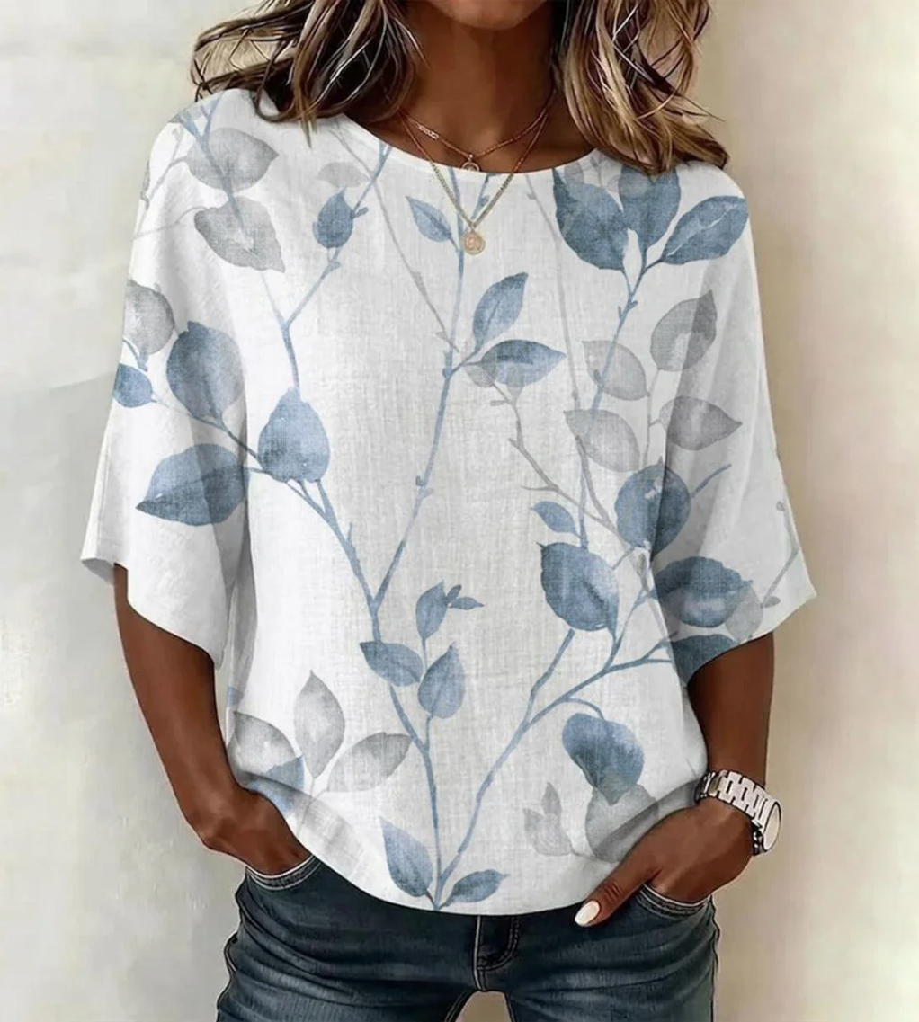 Loose Crew Neck Elegant Leaf Shirt