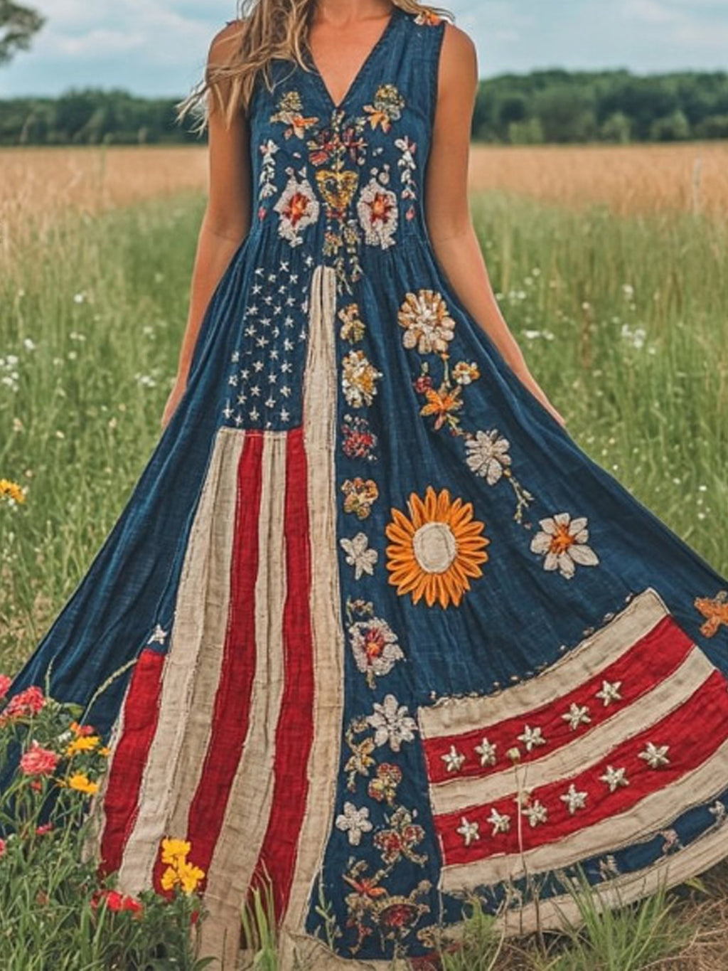 Women Floral Summer Dress America Flag V Neck Sleeveless A-Line Dress