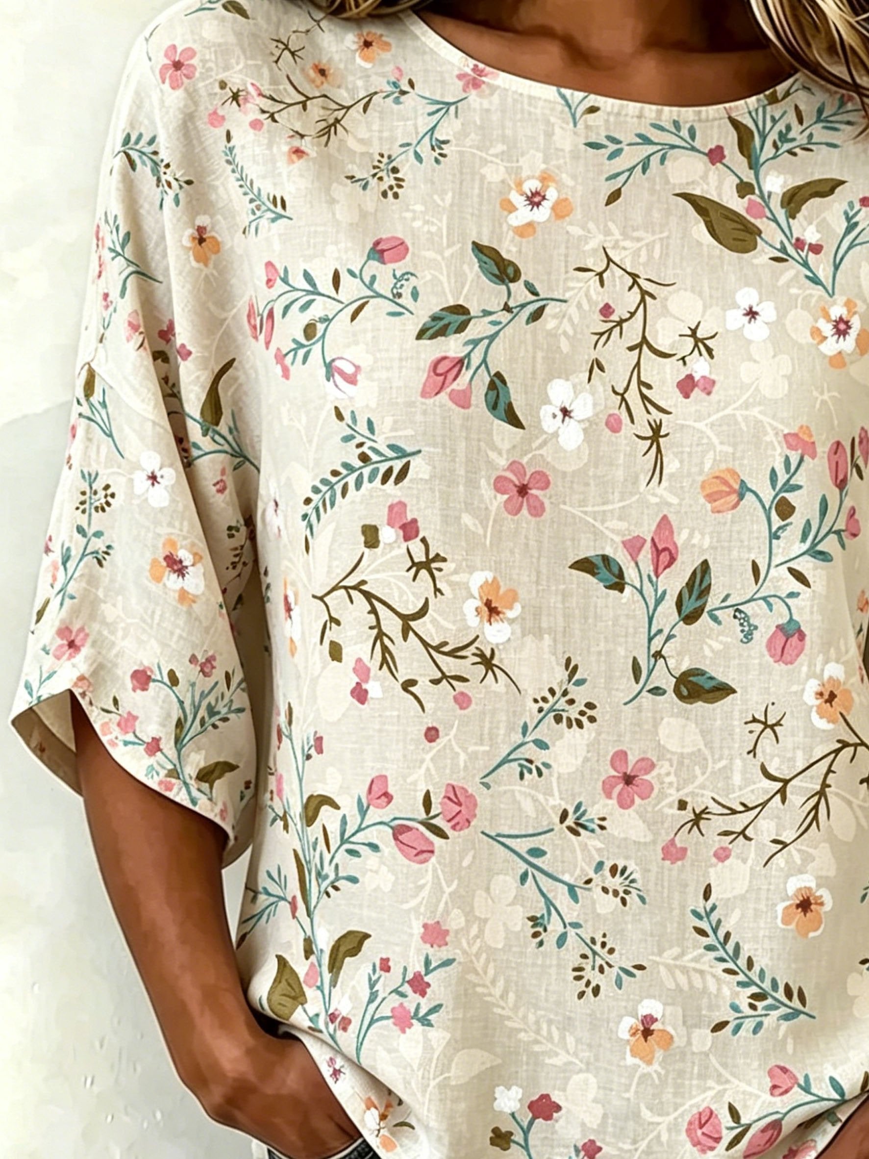 Cotton And Linen Floral Vintage Loose Casual Top