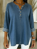 Washed Denim Crew Neck Button Going Out Casual Blouse
