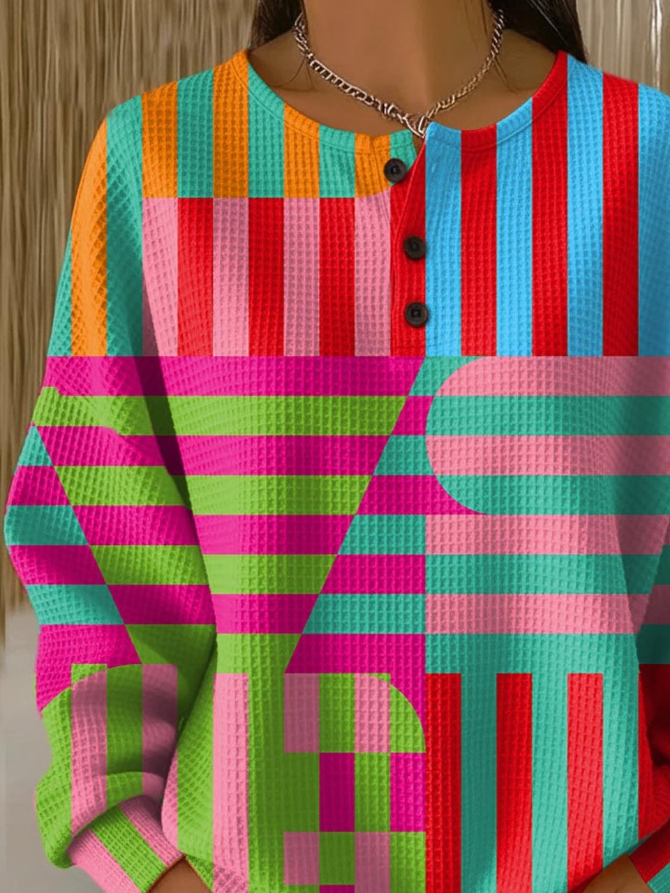 Women's Abstract Print Button-Up Casual Waffle Knit Sweatshirt