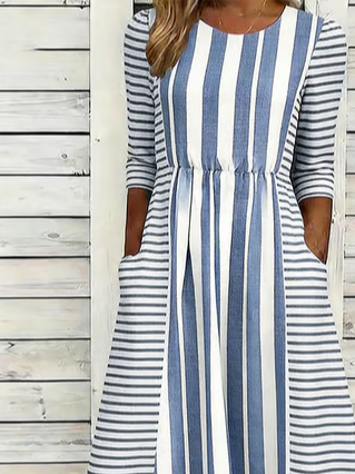 Crew Neck Loose Striped Casual Dress With No