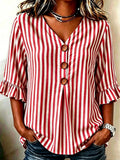 Blue Striped V Neck Ruffle Short Sleeve Button Daily Going Out Casual Blouse