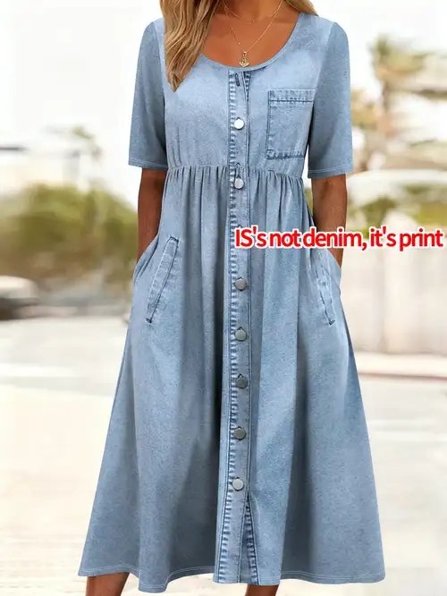 Vintage Crew Neck Loose Faux Denim Print Graphic Dress With No