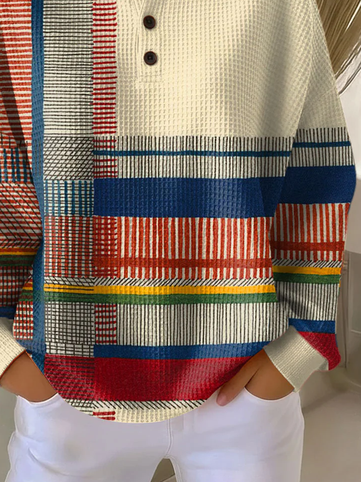 Women's Abstract Print Button-Up Casual Waffle Knit Sweatshirt