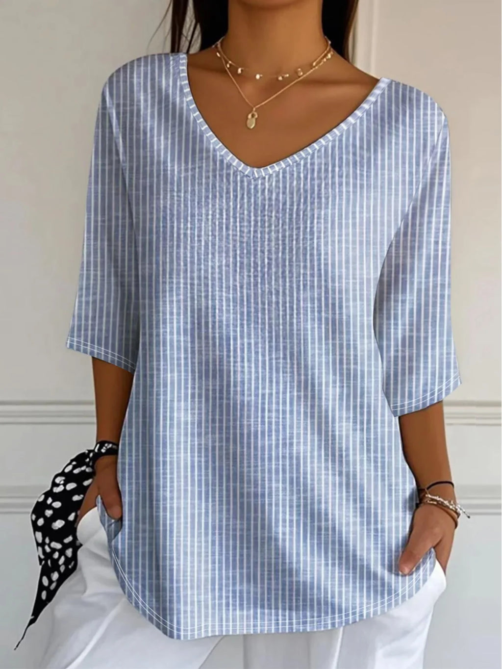 Women's Three Quarter Sleeve T-shirt Spring/Fall Blue Striped Printing V Neck Daily Going Out Casual Top