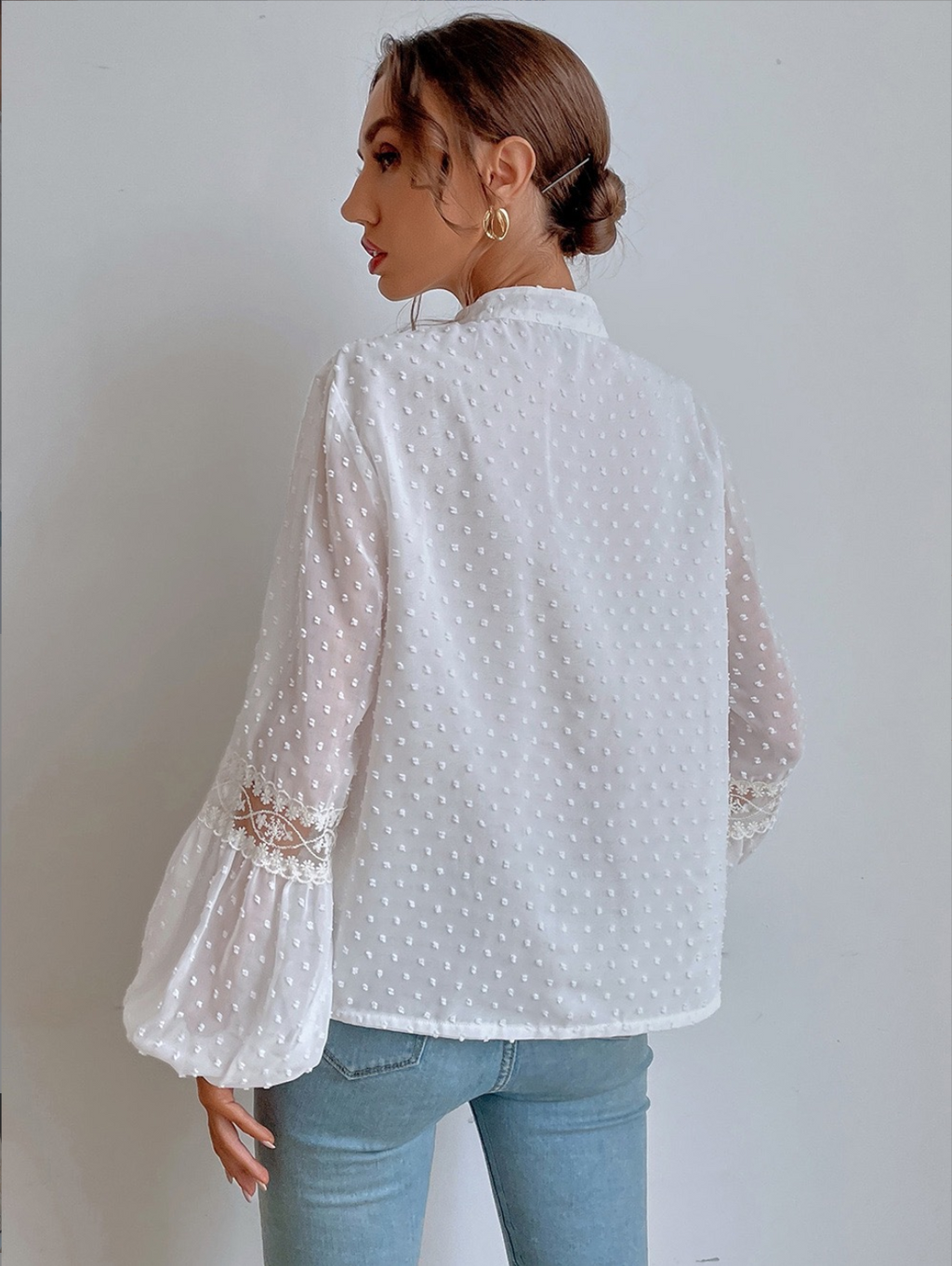 White Elegant Stand Collar Ruffle Tie Lace Casual Blouse