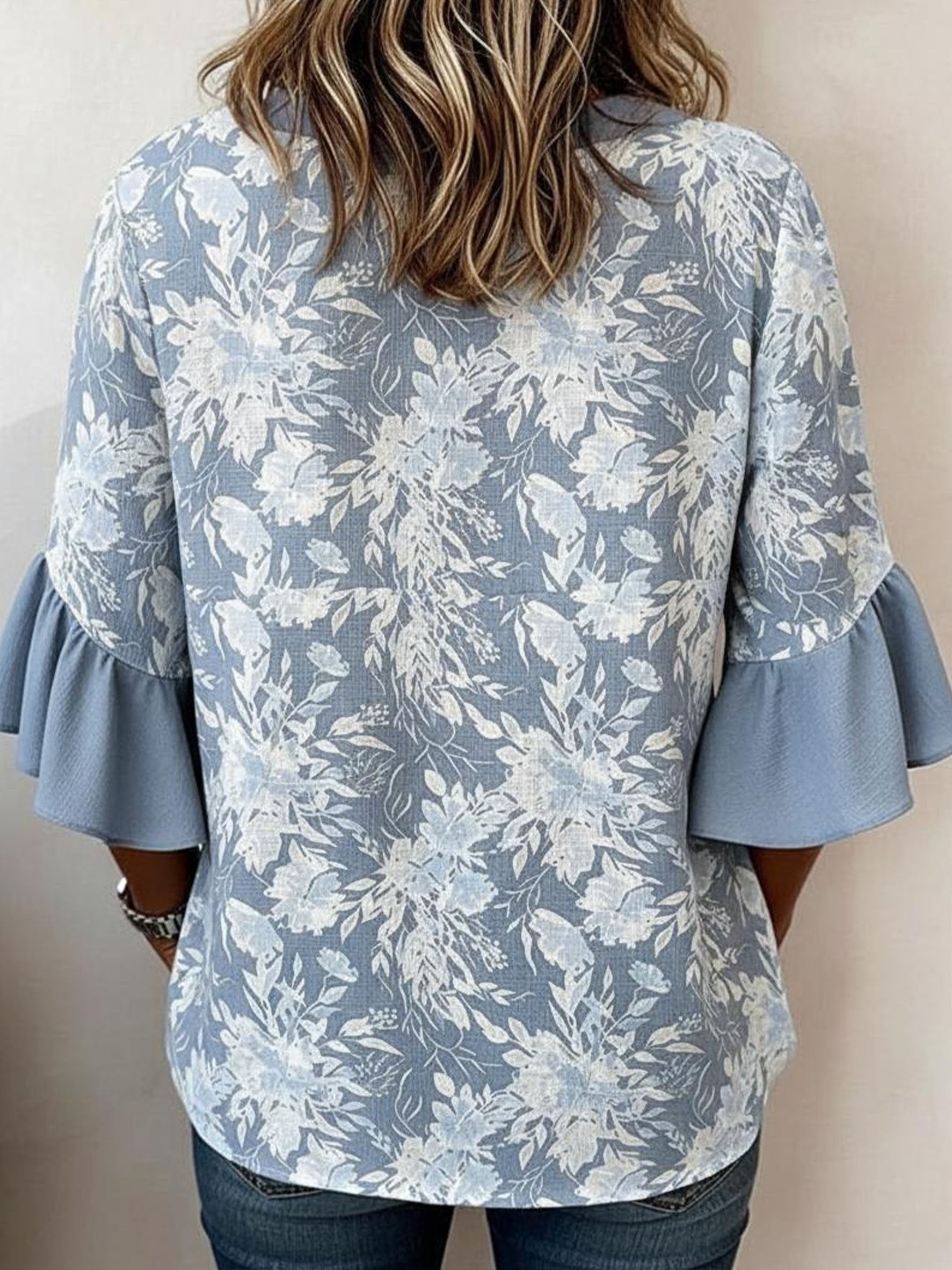 Vintage V Neck Half Sleeve Ruffle Cuff Blue Floral Pattern Casual Loose Blouse