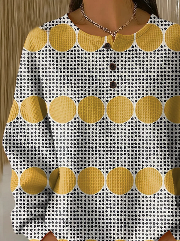 Women's Abstract Print Button-Up Casual Waffle Knit Sweatshirt