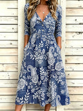 Paisley Print Half Sleeve Round Neck Button A-Line Vintage Casual Dress
