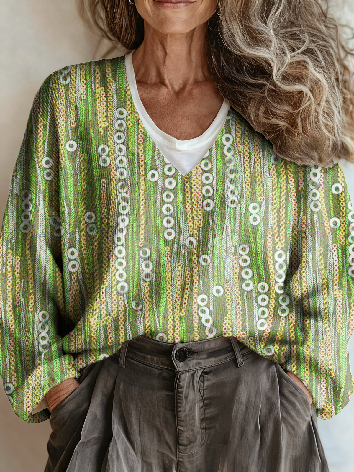 Loose Geometric V Neck Vintage Sweater