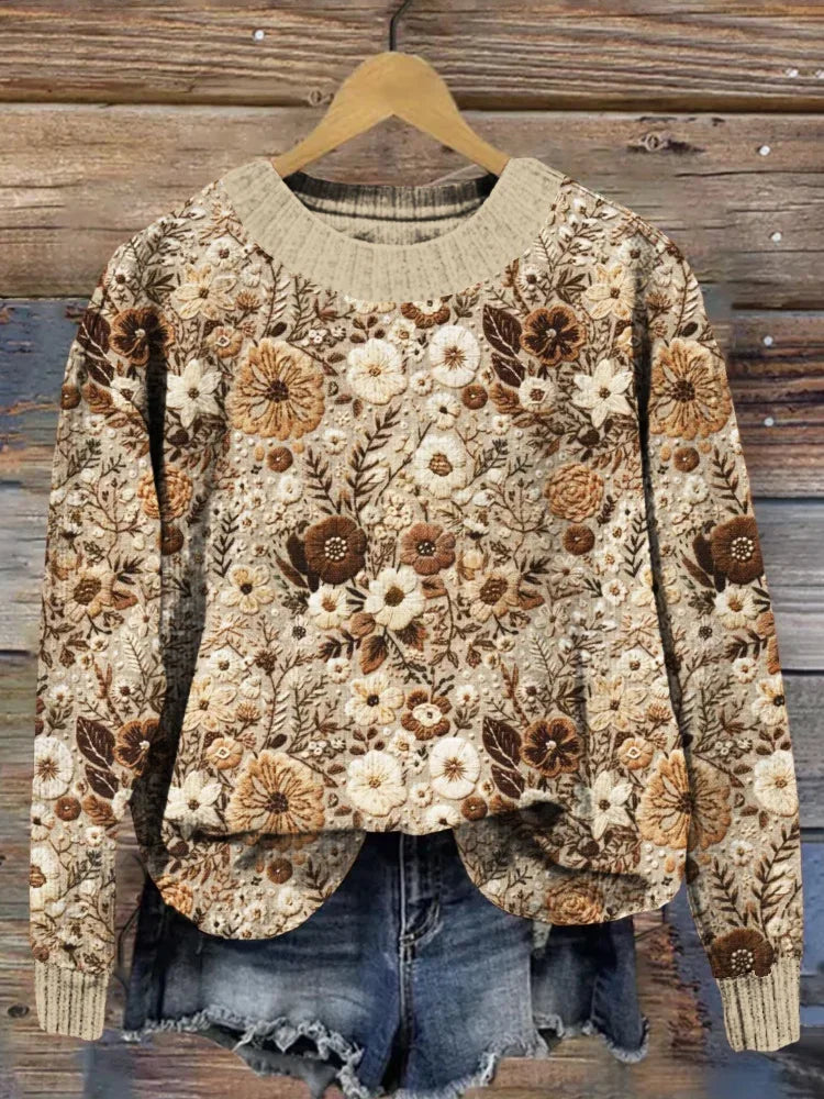 Women's Floral Autumn Print Crew Neck Long Sleeve Sweater