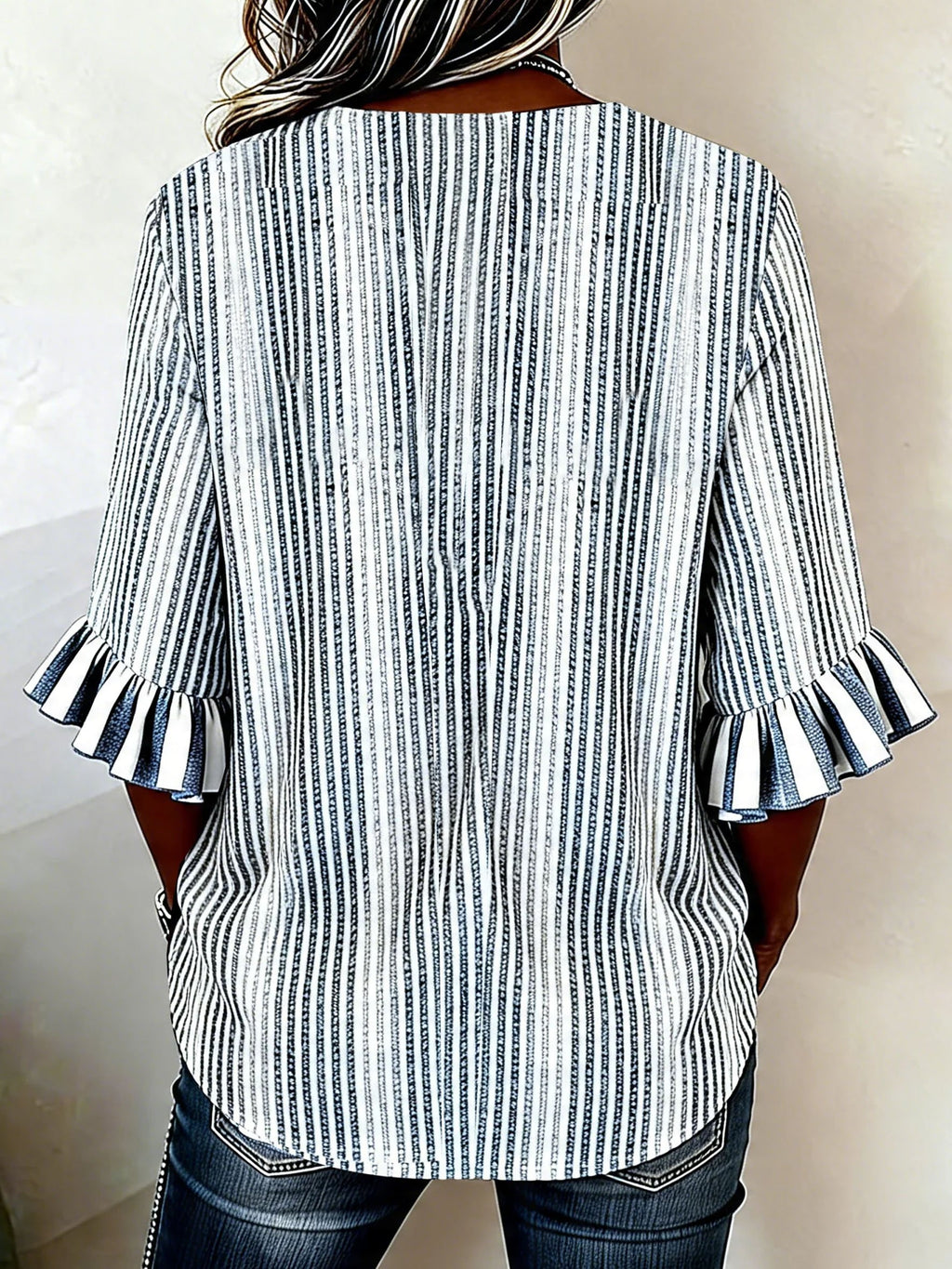 Women's Blue Striped Printed Half Sleeve Ruffle Cuff Blouse Summer V Neck Button Daily Going Out Vintage Top