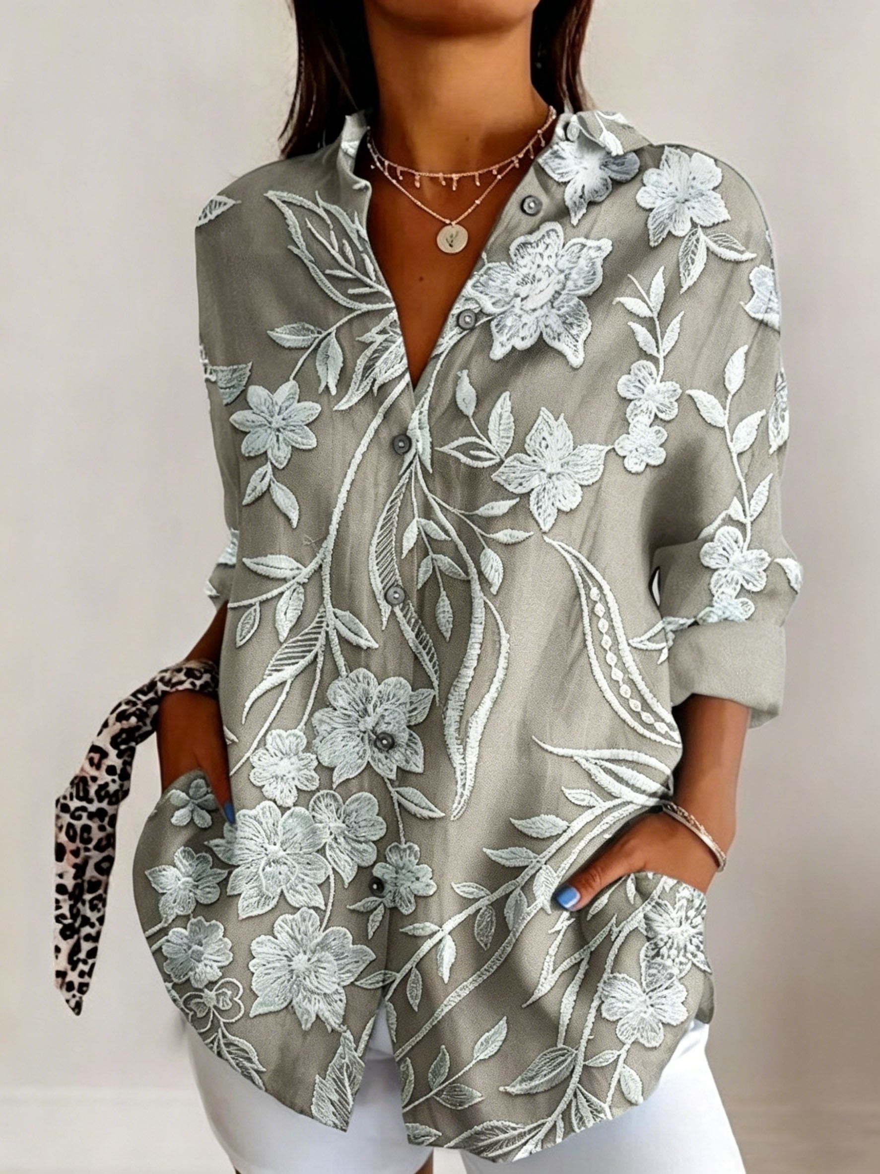 Vintage Botanical Print Shawl Collar Casual Shirt