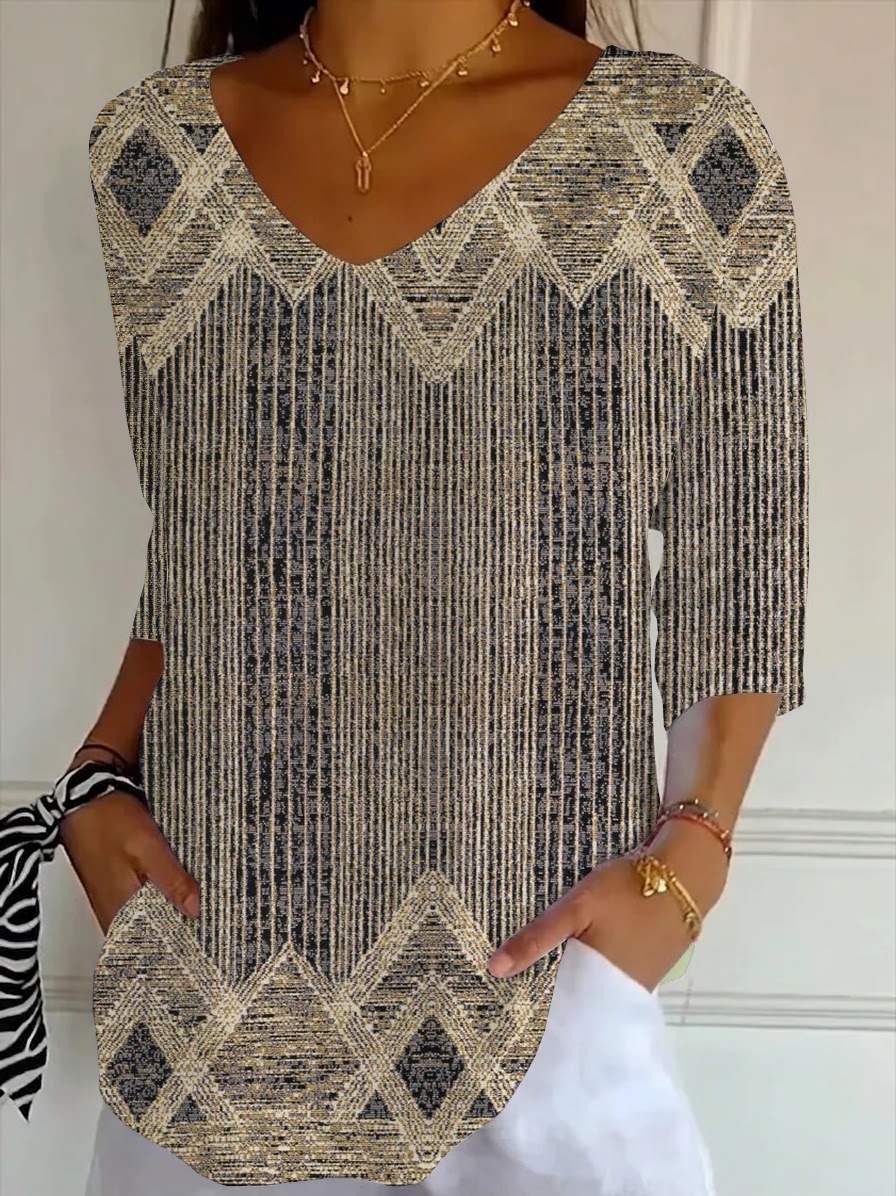 Women's Three Quarter Sleeve T-shirt Spring/Fall Brown Abstract Printing V Neck Daily Going Out Casual Top