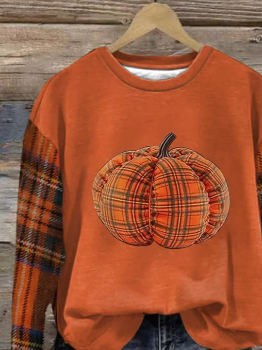 Crew Neck Casual Plaid Loose Sweatshirt