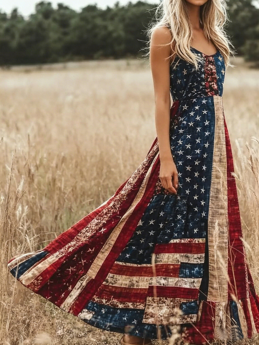 Women America Flag Summer Dress V Neck Sleeveless A-Line Dress
