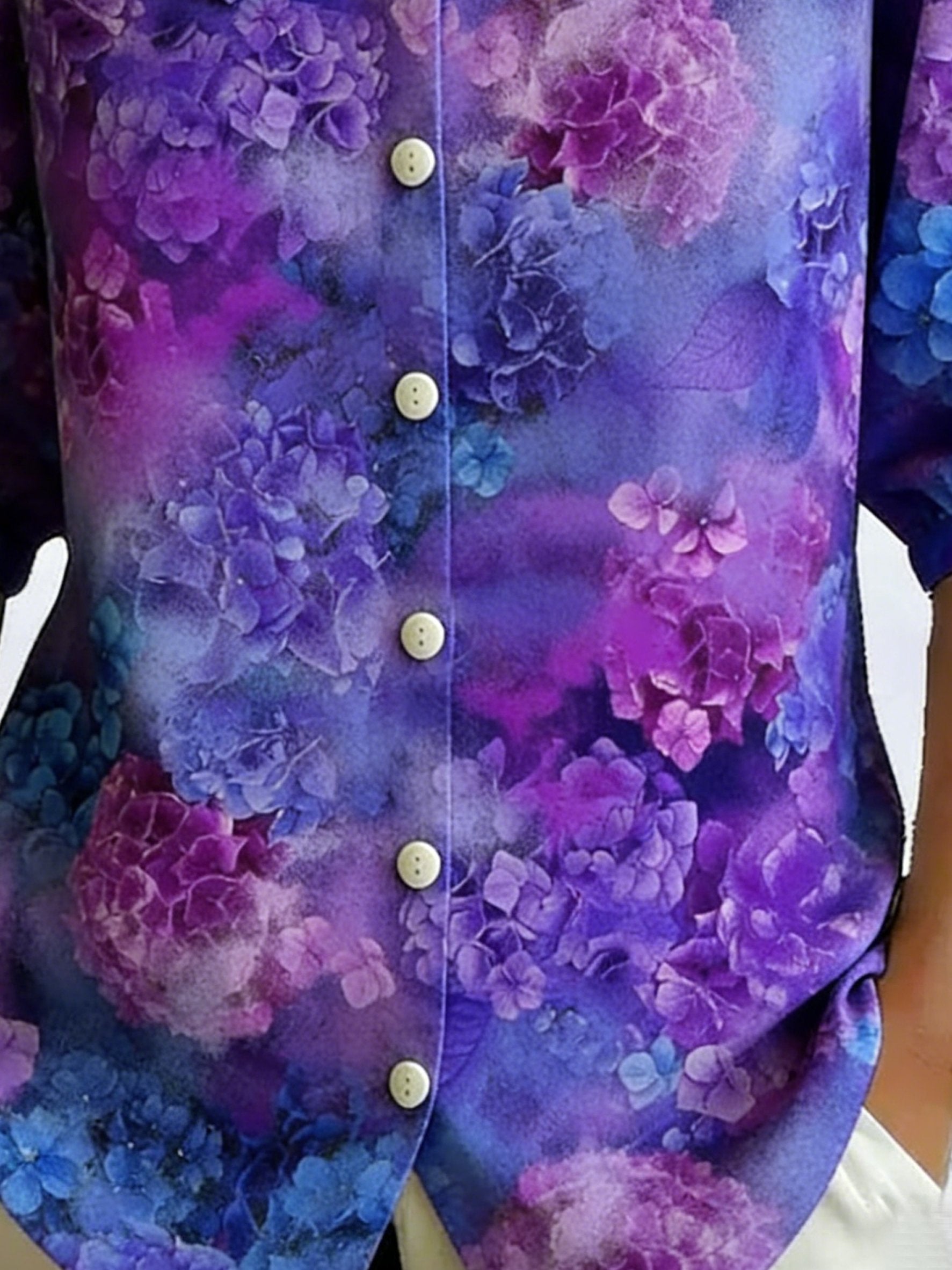3D Printing Linen Blend Purple Floral Shawl Collar Button Loose Casual Shirt