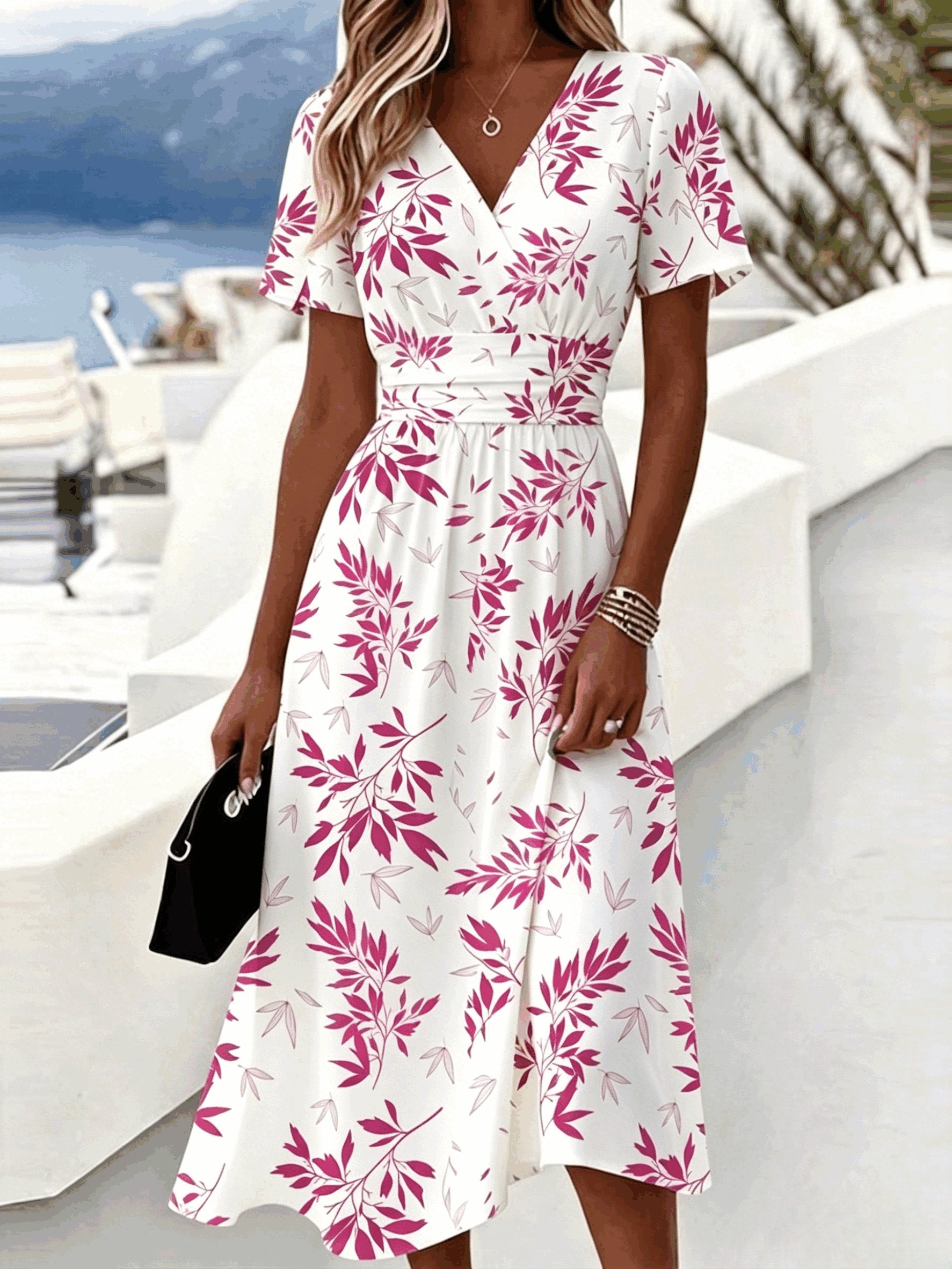 Leaf Print Wrap V Neck Midi Dress Short Sleeve High Waist A Line Flowy Casual Dress