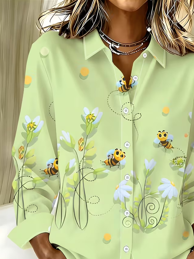 Women's Long Sleeve Shirt Spring/Fall Green Floral Buckle Shirt Collar Regular Sleeve Daily Going Out Casual Top