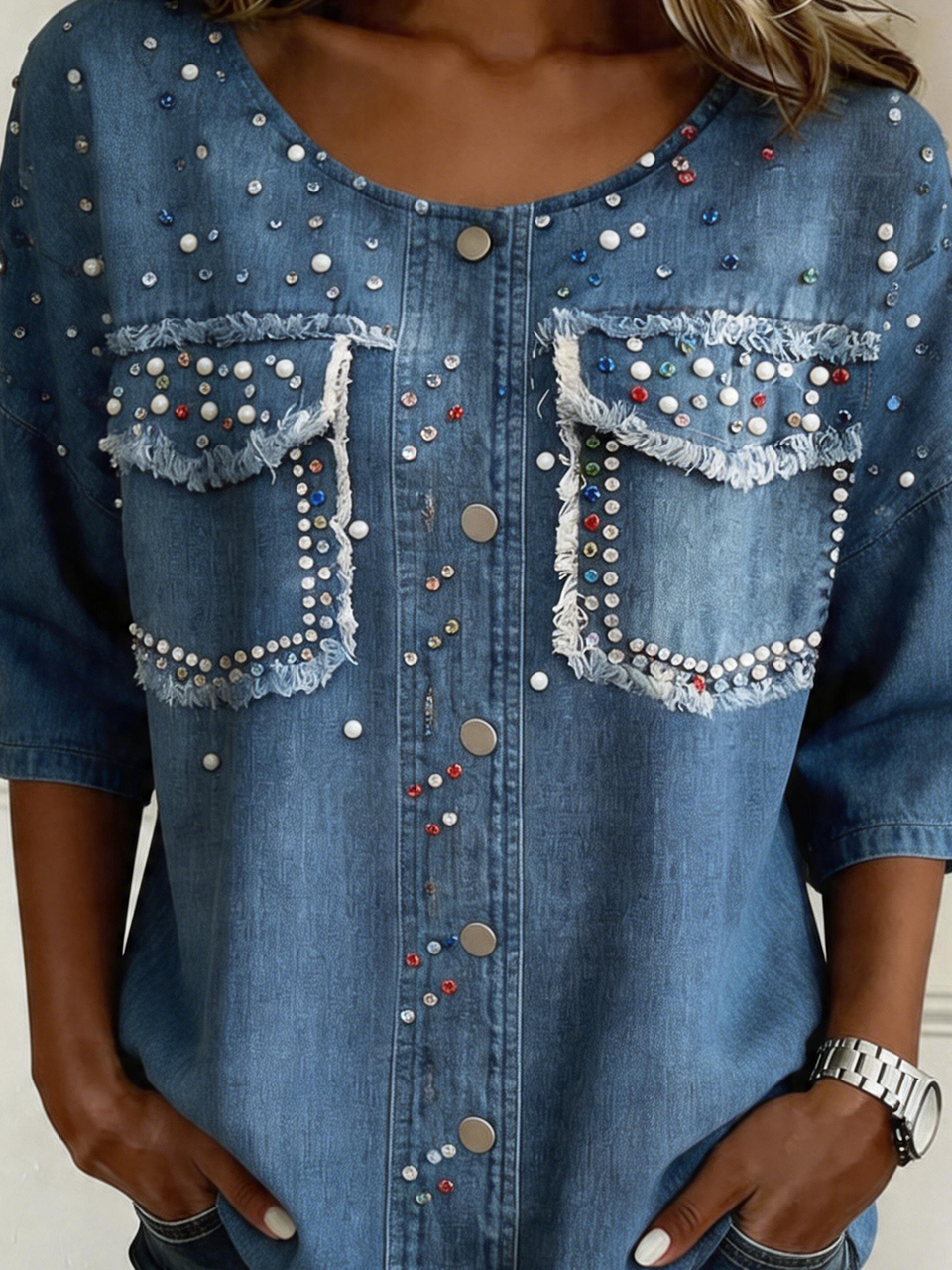 Faux Denim Print Graphic Loose Vintage Crew Neck Shirt