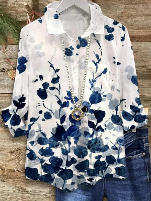 Vintage Collared Floral Print Long Sleeve Shirt