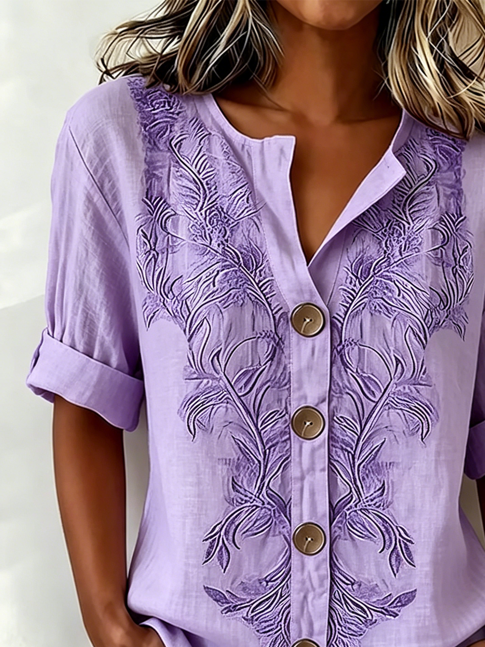 Women's Lavender Floral Print Blouse Short Sleeve Button Down Casual Top