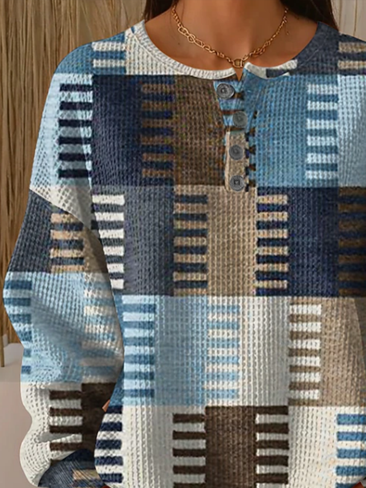 Women's Abstract Print Button-Up Casual Waffle Knit Sweatshirt