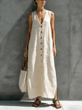 Casual Plain Buttoned V Neck Maxi Dress