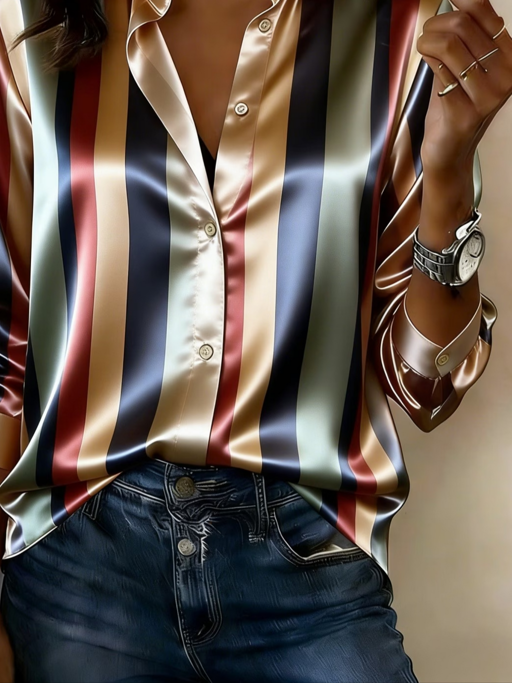 Women's Long Sleeve Shirt Spring/Fall As Picture Striped Shawl Collar Daily Going Out Casual Top