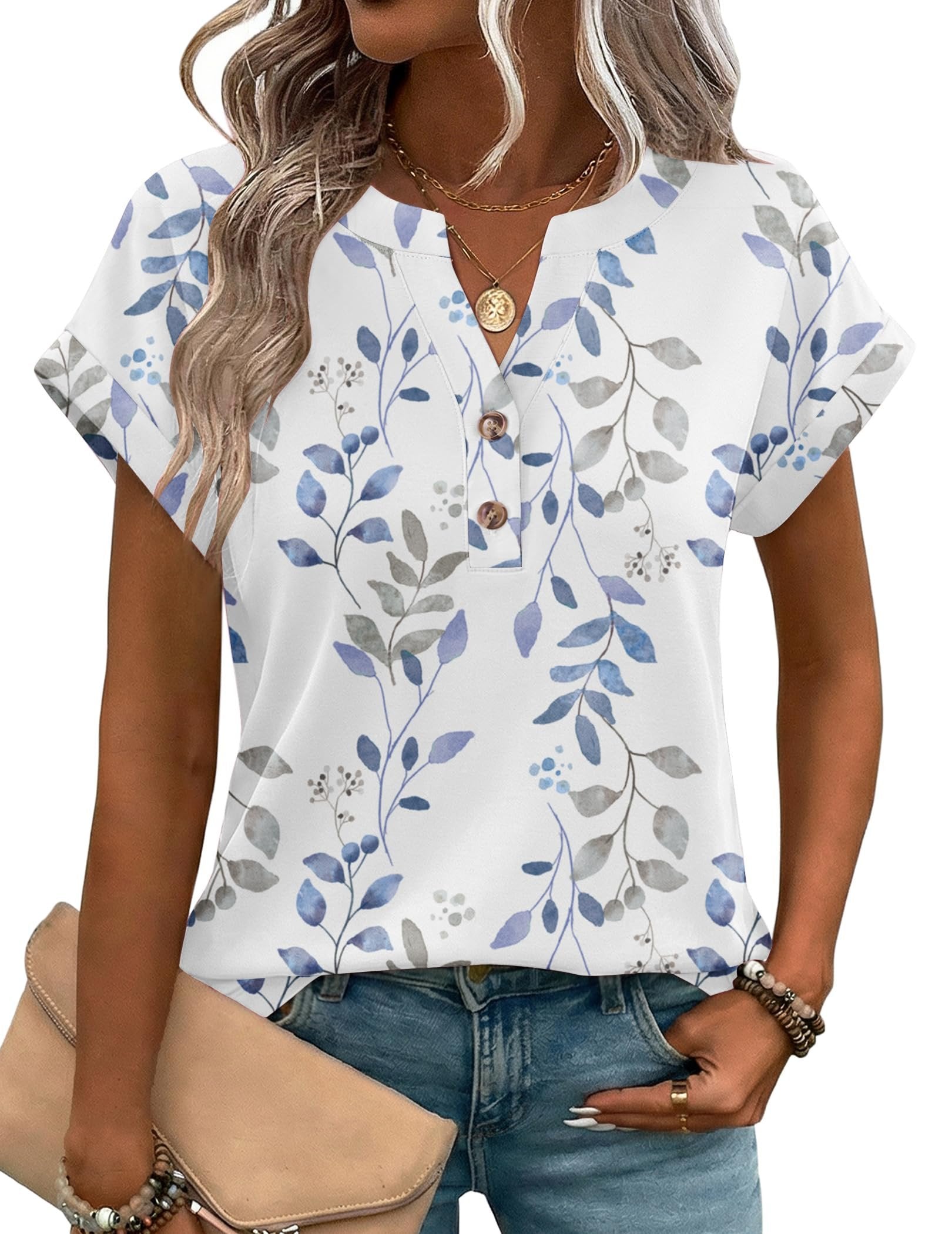Botanical Pattern Elegant Cotton V Neck T-Shirt