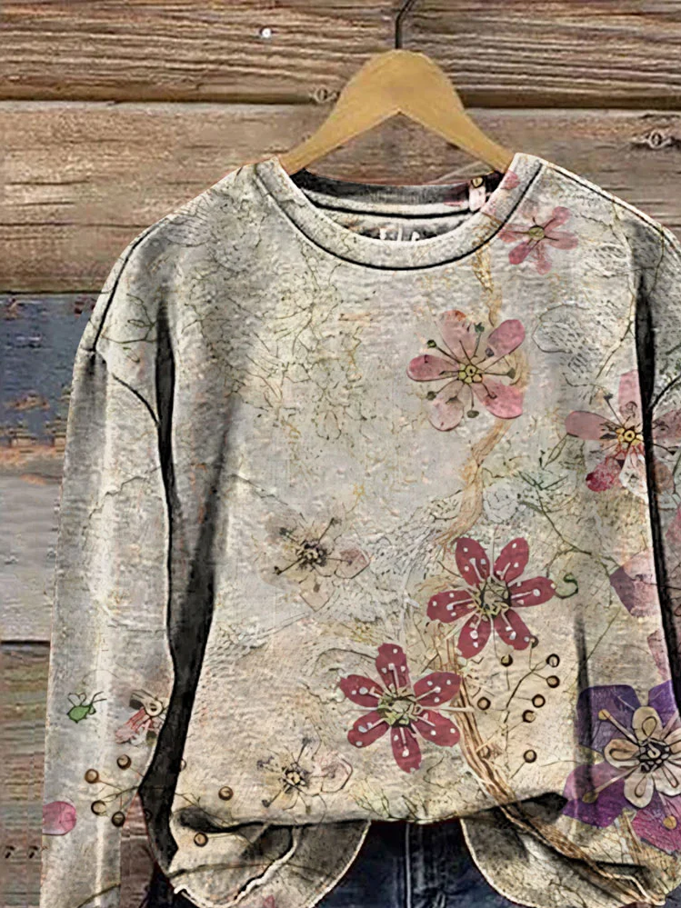 Crew Neck Floral Loose Casual Sweatshirt
