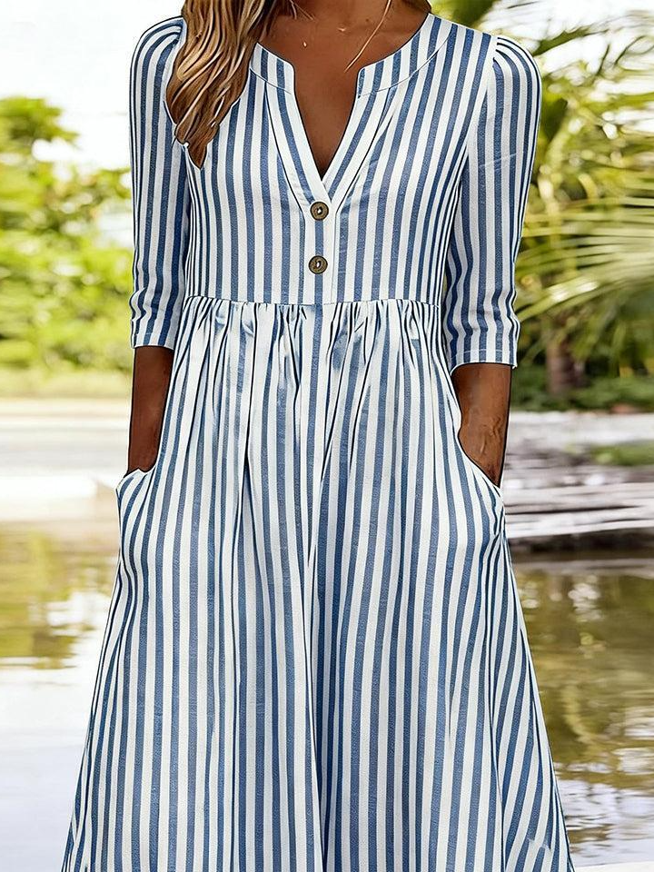Half Open Collar Striped Casual Dress With No