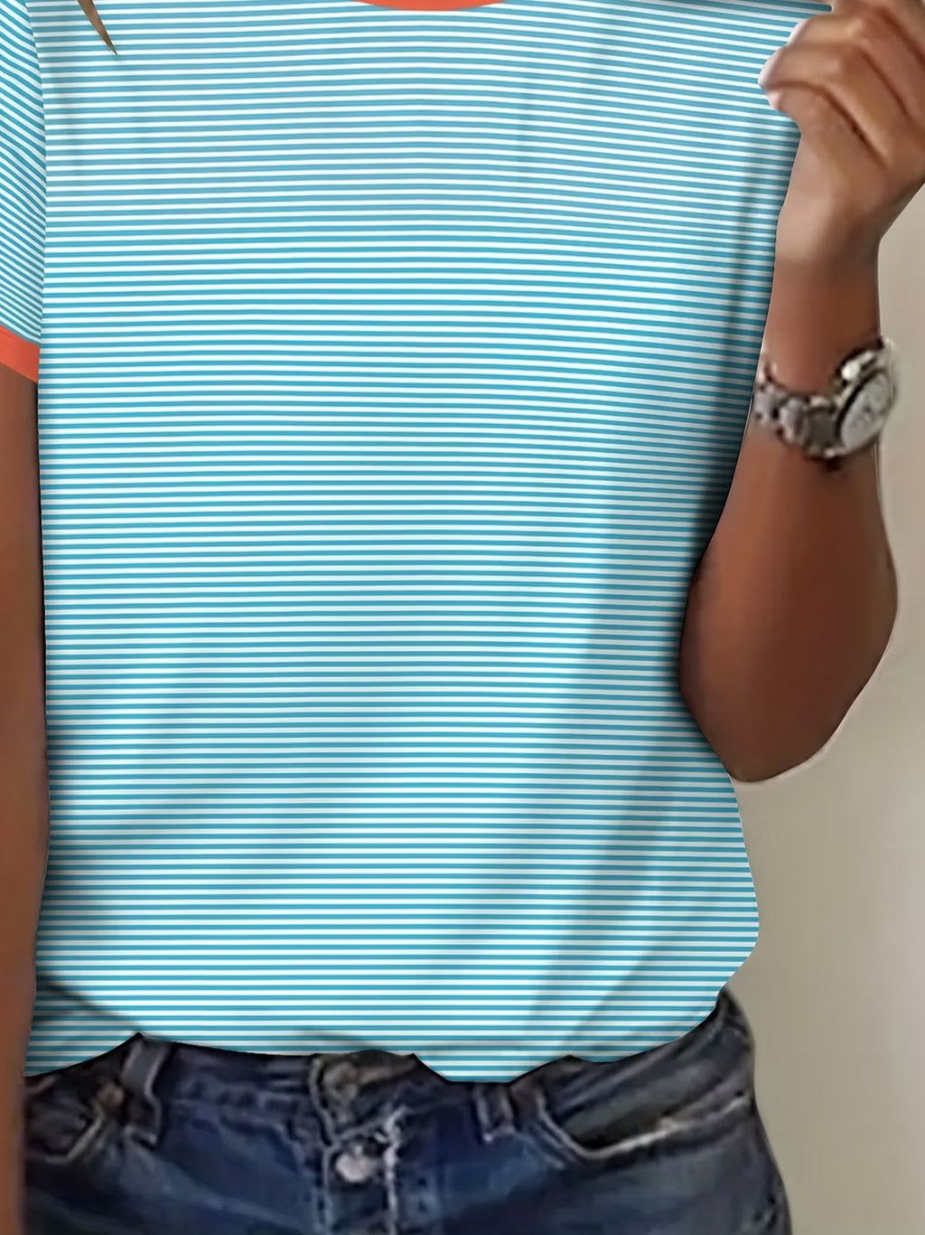 Women's Short Sleeve T-shirt Summer Blue Striped Printing Jersey Crew Neck Daily Going Out Casual Top