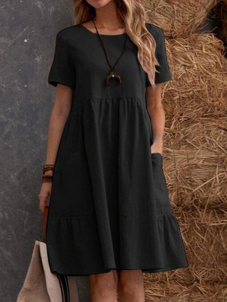 Plain Cotton And Linen Casual Round Neck Short Sleeve Pocket A-Line Hem Dress