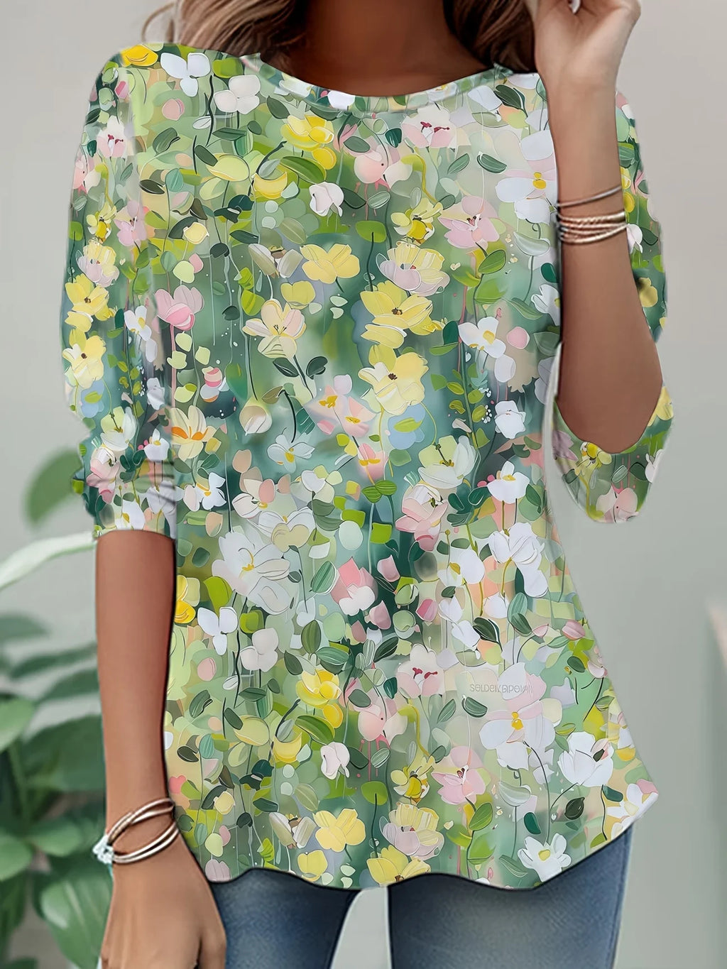 Women's Long Sleeve T-shirt Spring/Fall Green Floral Printing Jersey Crew Neck Daily Going Out Casual Top