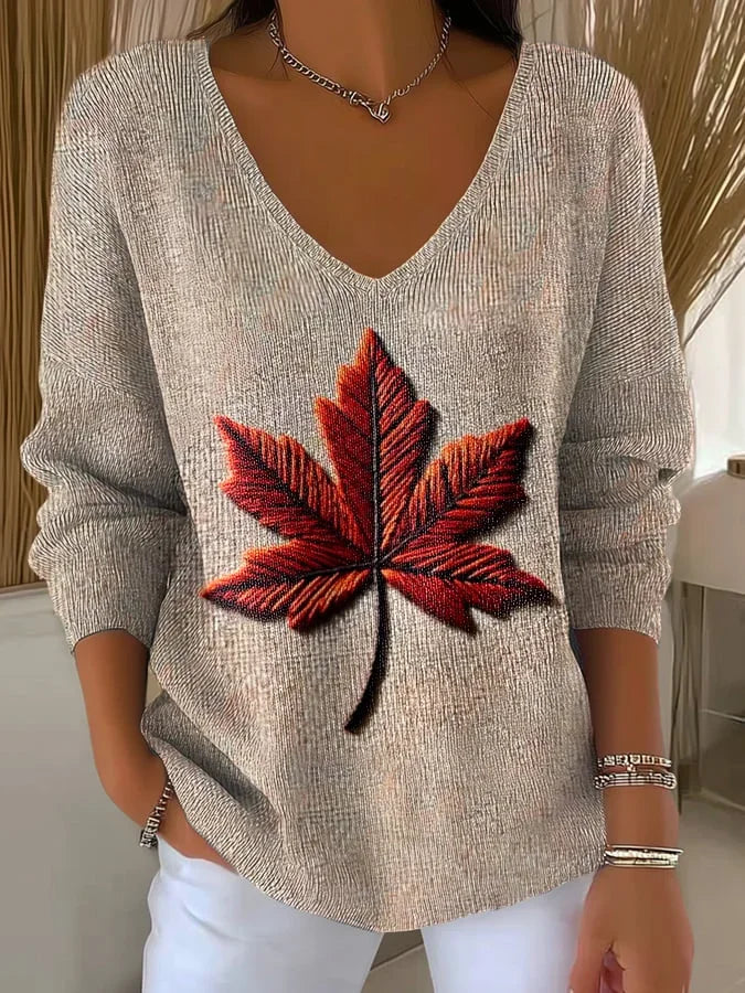 Women's Long Sleeve T-shirt Spring/Fall Oatmeal Maple Leaf Printing V Neck Daily Going Out Casual Top