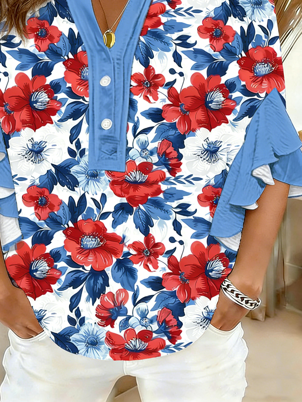 Botanical Pattern V Neck Loose Simple Shirt