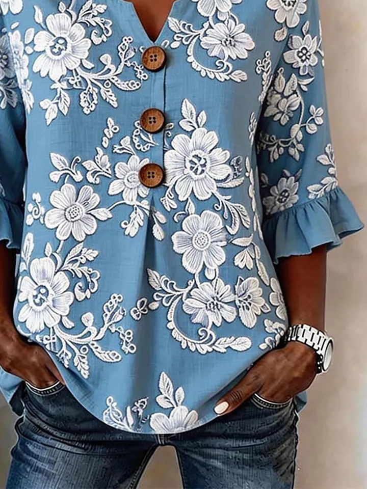 Women's Half Sleeve Blouse Summer Blue Floral Printing V Neck Daily Going Out Vintage Top