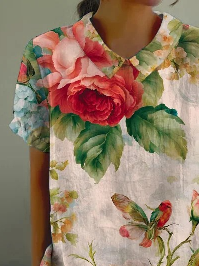 Loose Floral Elegant Shawl Collar Shirt