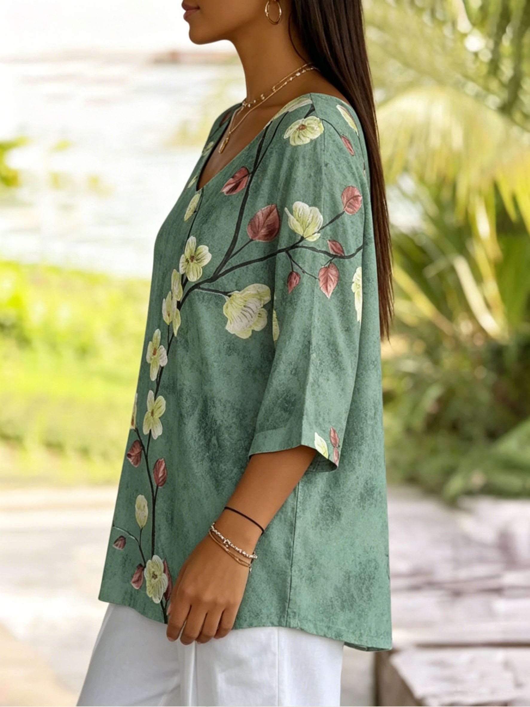 Women's Three Quarter Sleeve T-shirt Spring/Fall Vintage Floral Print V Neck Daily Going Out Casual Top