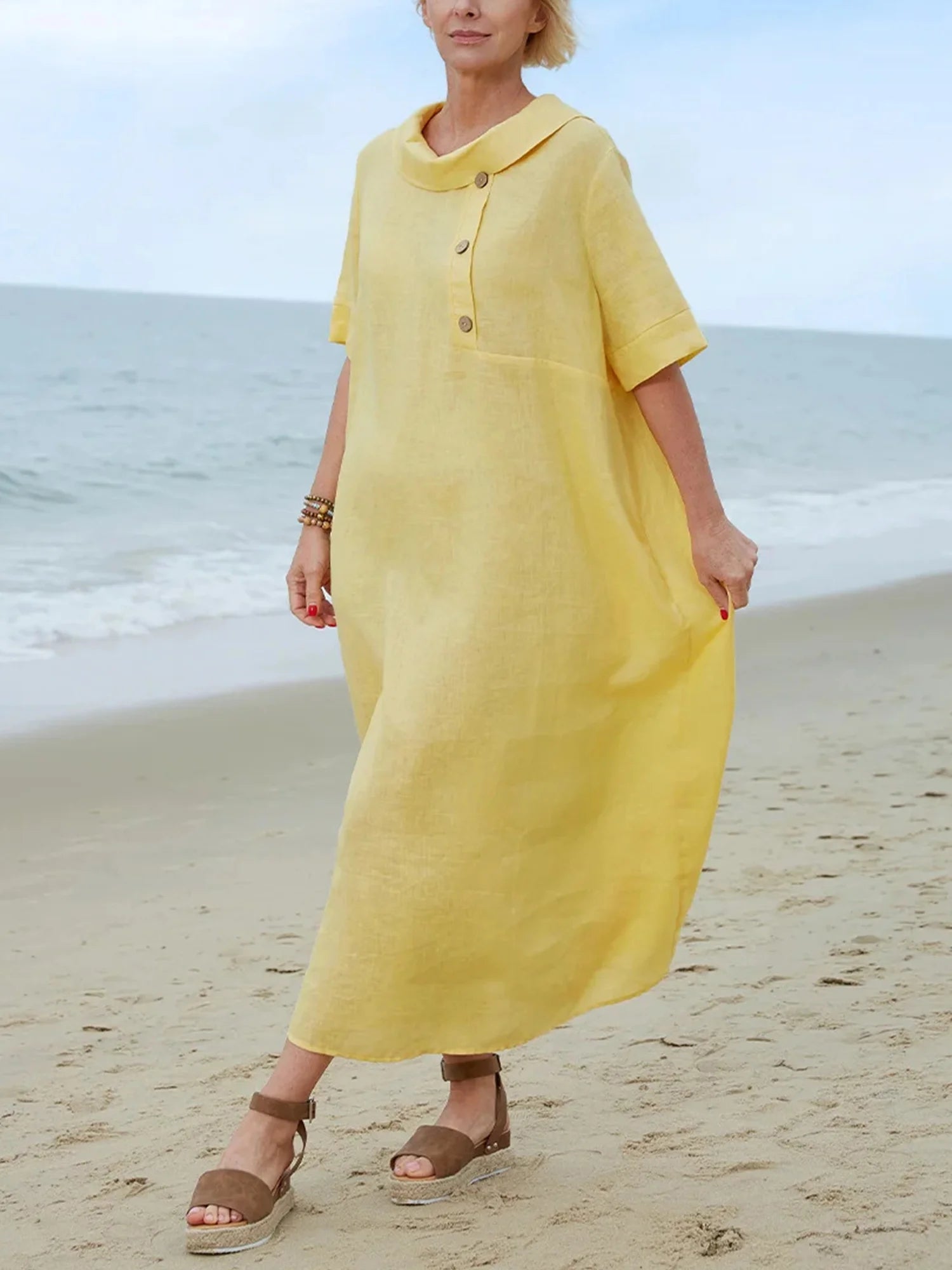 Casual Plain Loose Stand Collar Midi Dress